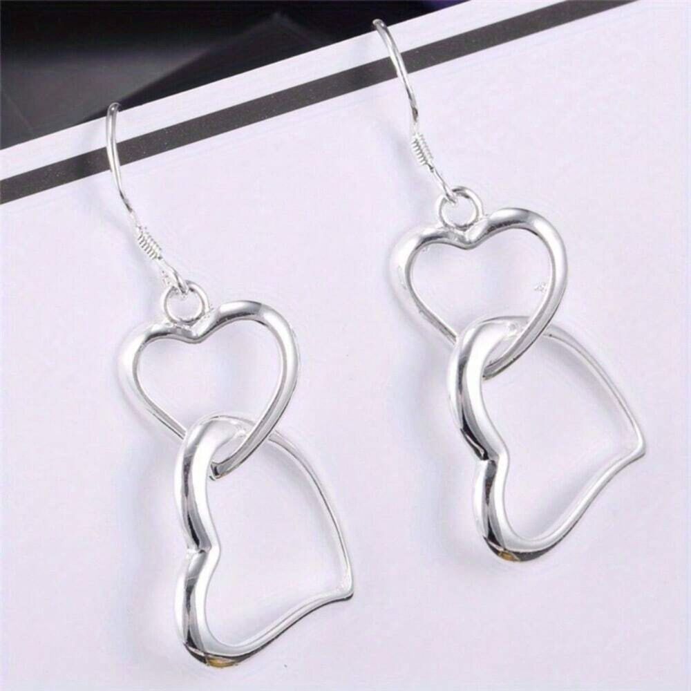 Silver Open Double Heart Dangle Earrings Interlocking Drop Pendant Charm Love